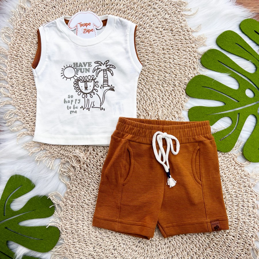 Conj. Regata Lion Have Fun e Bermuda - Off White e Ferrugem